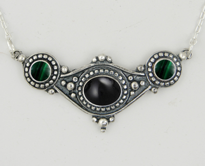Sterling Silver Necklace With Black Onyx And Malachite